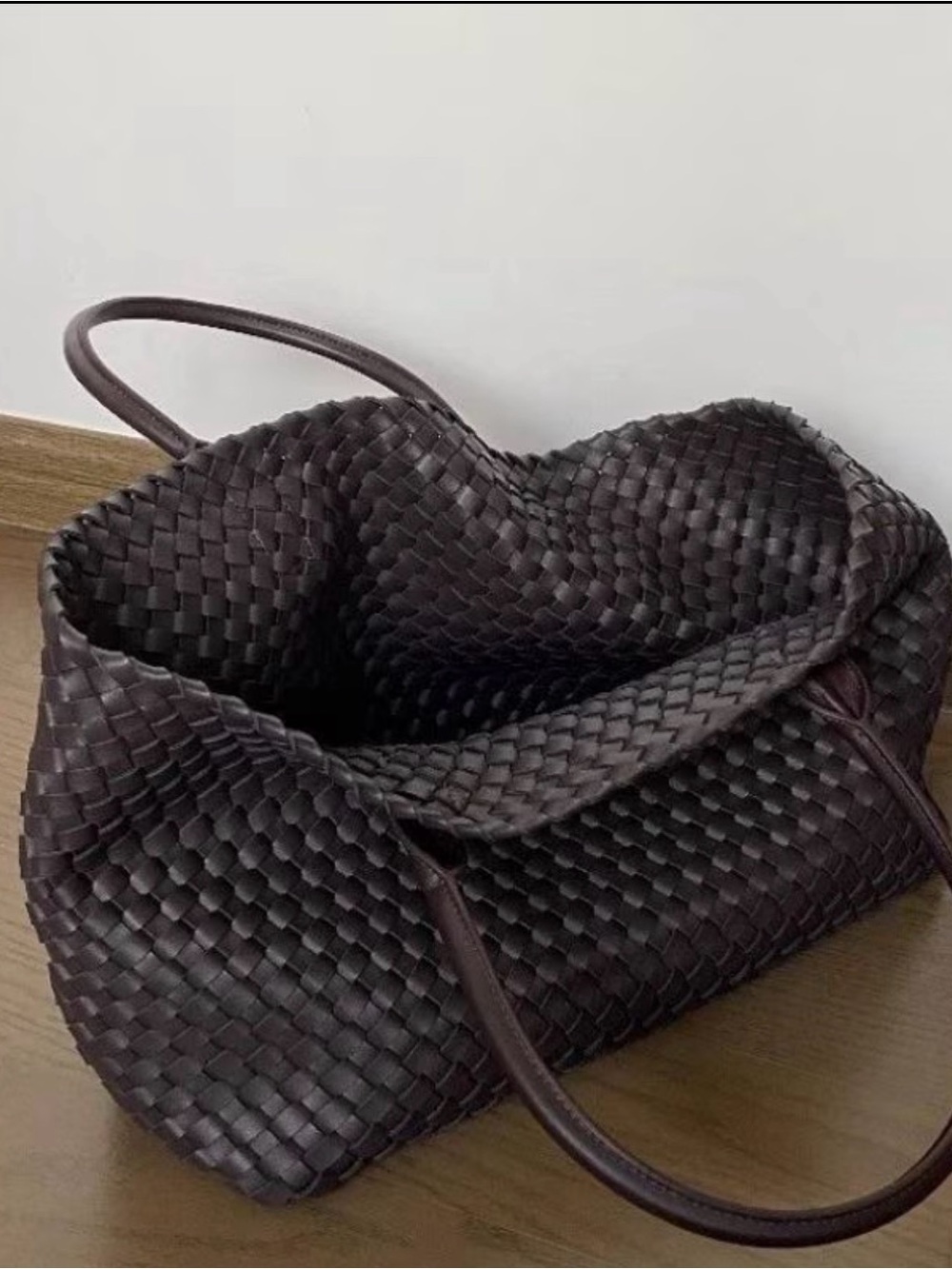 Woven Leather Tote Bag in Dark Brown